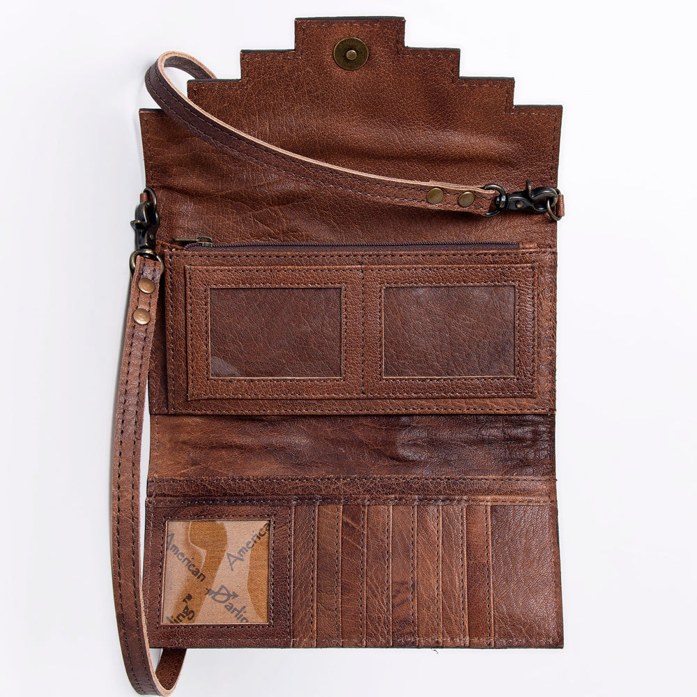 ADBG941 Hand-Tooled Western Leather Hair-On Hide Wallet Crossbody Bag American Darling