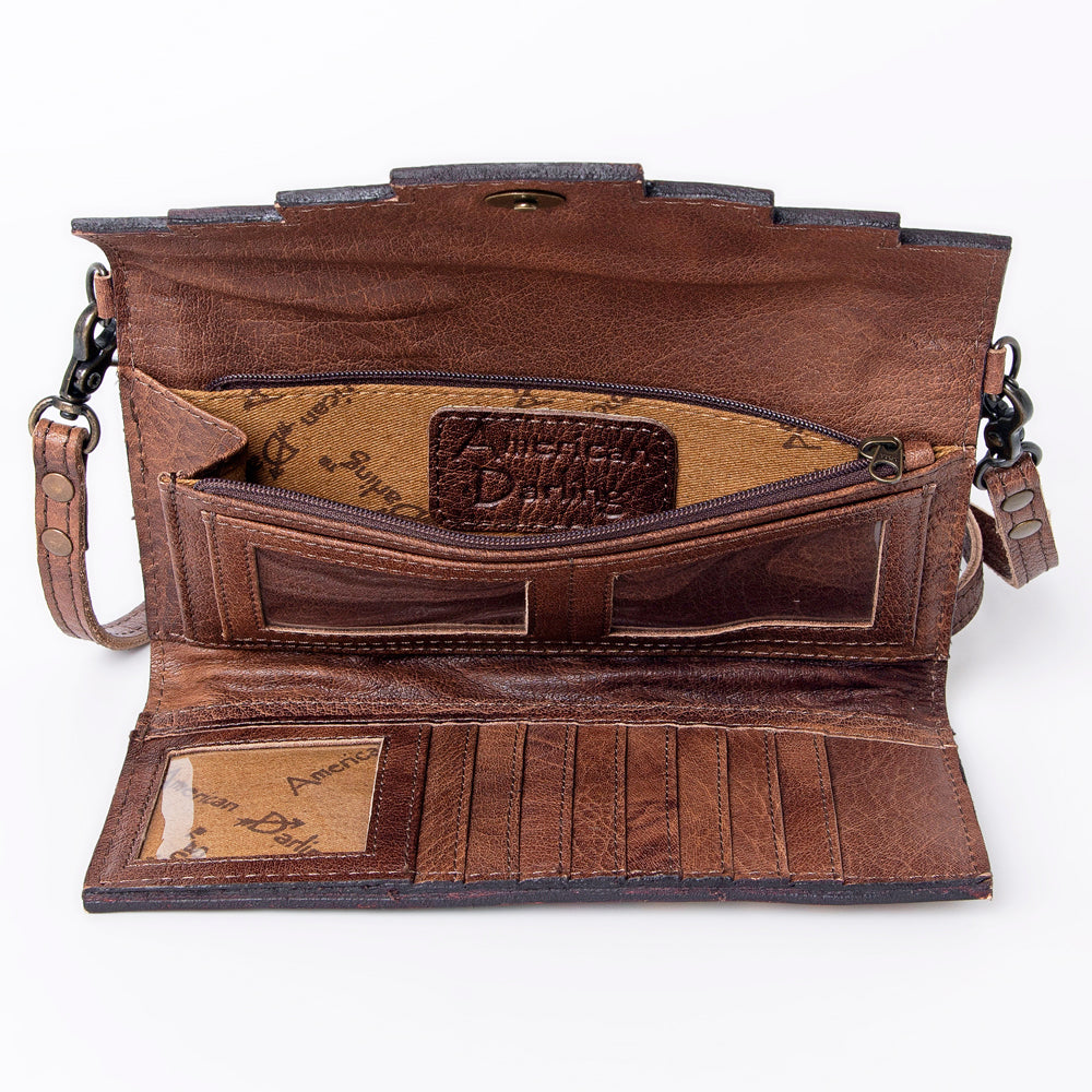 ADBG941 Hand-Tooled Western Leather Hair-On Hide Wallet Crossbody Bag American Darling
