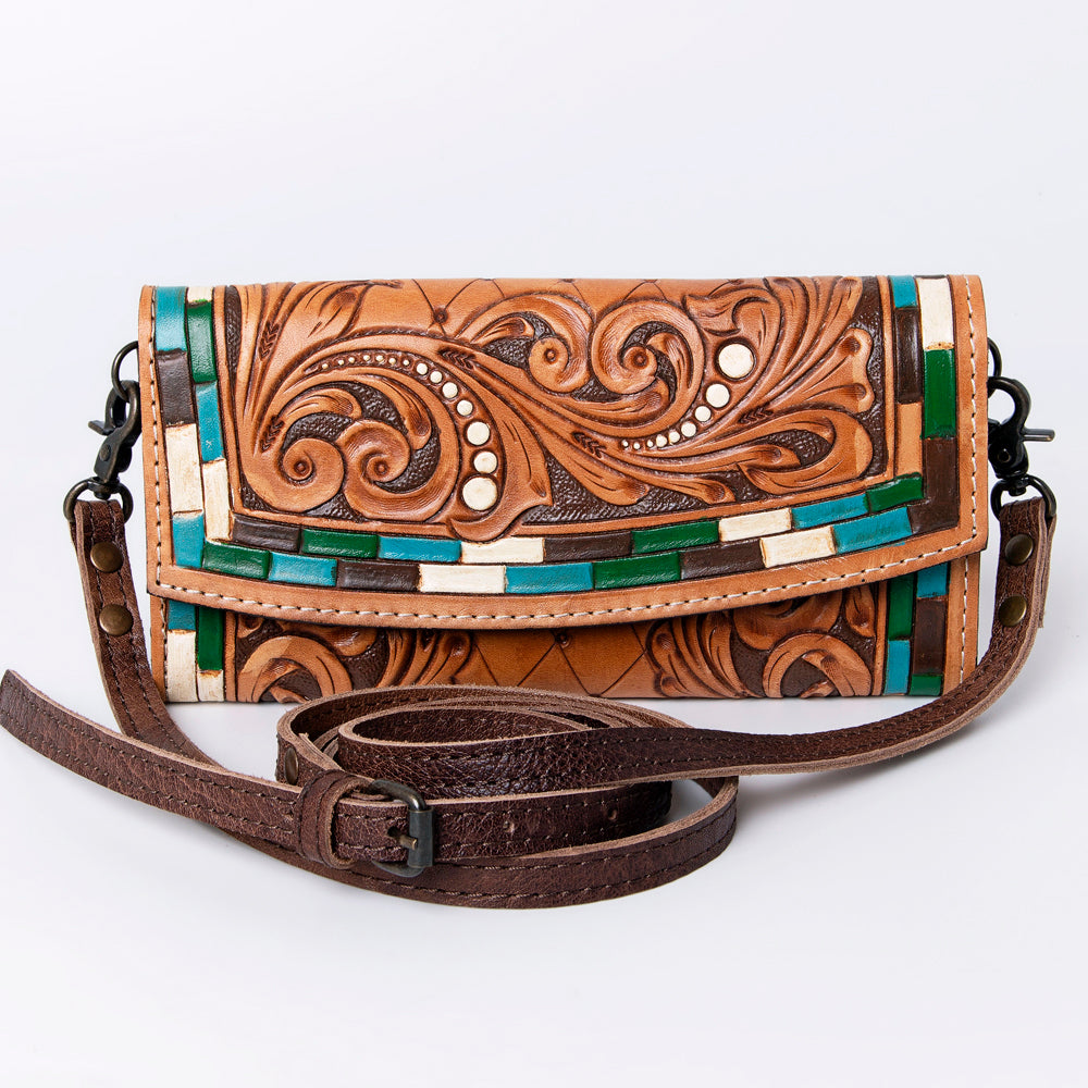 ADBG889 Hand-Tooled Floral Leather Crossbody Clutch American Darling