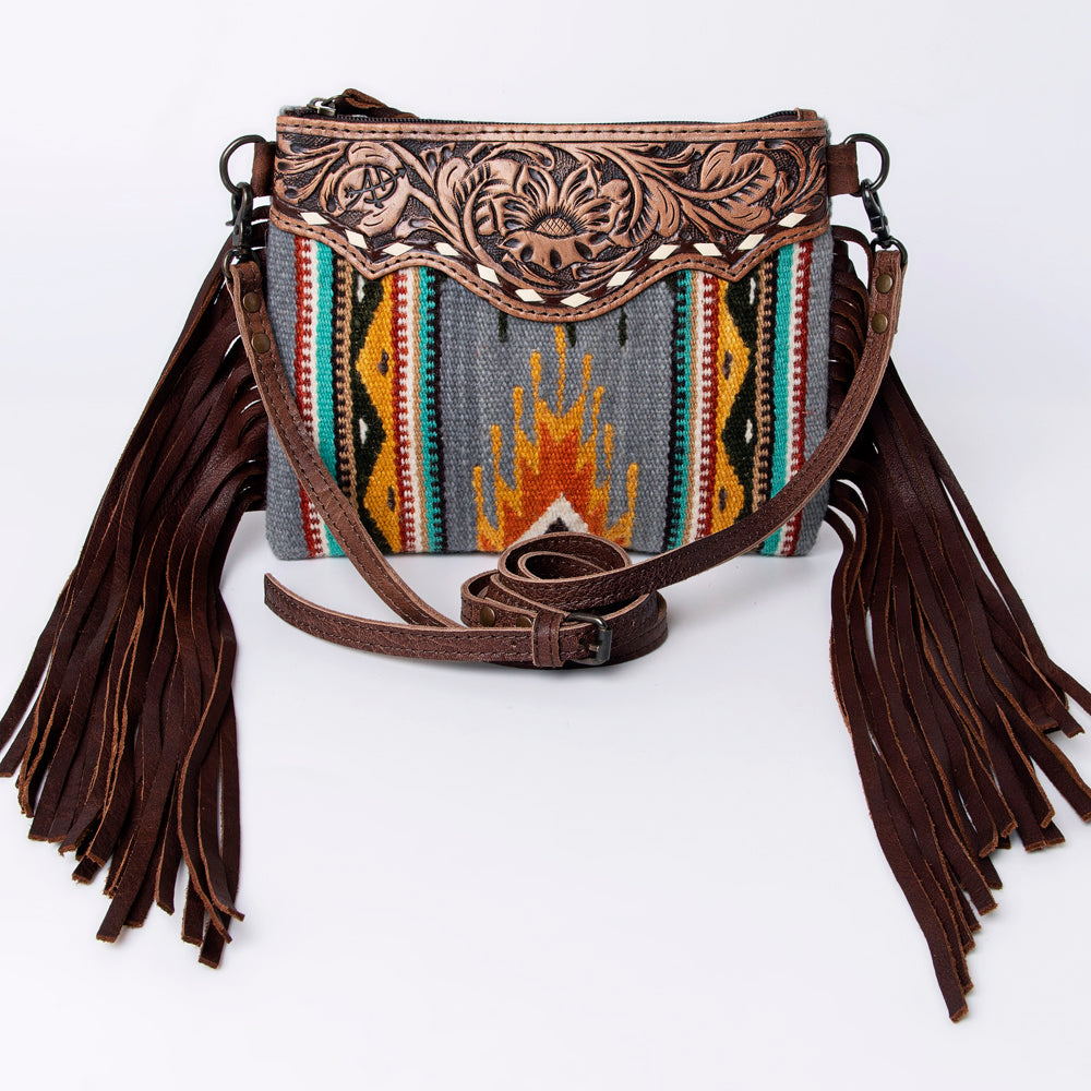 ADBG236 Southwestern Woven Fringe Crossbody Bag with Hand-Tooled Floral Leather Trim
