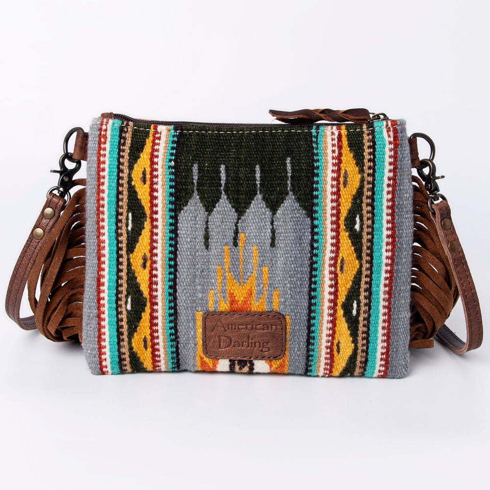 ADBG236 Southwestern Woven Fringe Crossbody Bag with Hand-Tooled Floral Leather Trim