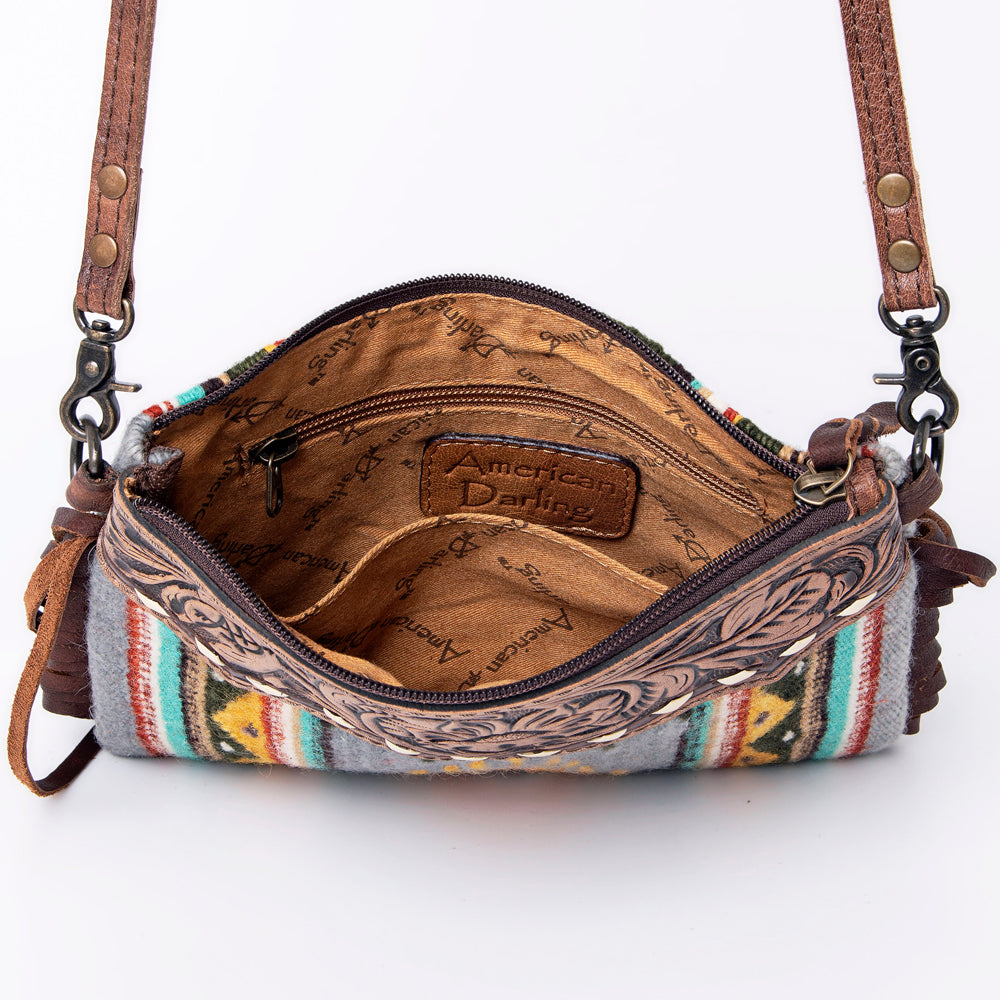 ADBG236 Southwestern Woven Fringe Crossbody Bag with Hand-Tooled Floral Leather Trim