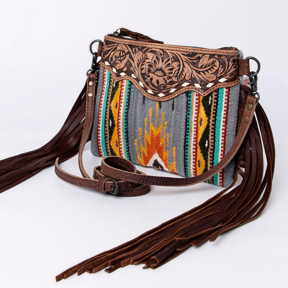 ADBG236 Southwestern Woven Fringe Crossbody Bag with Hand-Tooled Floral Leather Trim