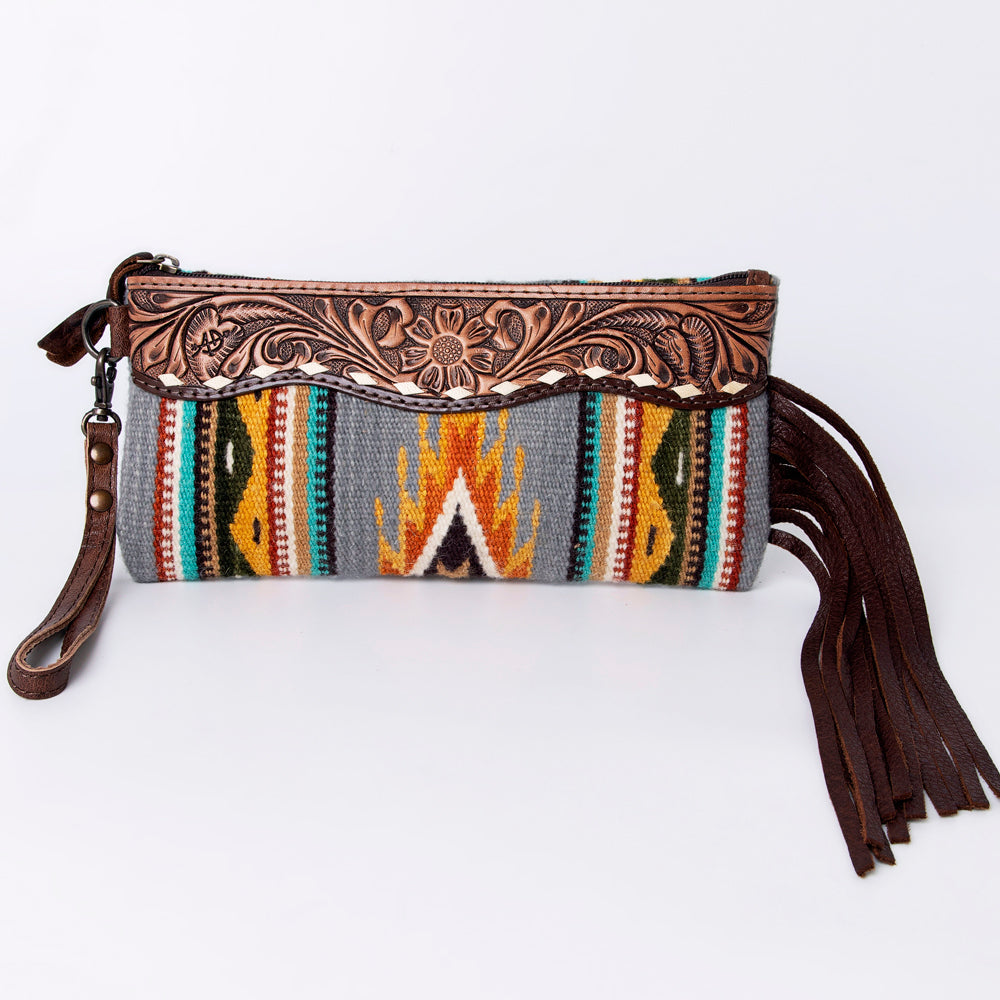ADBG344 Southwestern Wool Wristlet Clutch with Tooled Leather Trim & Fringe Tassel