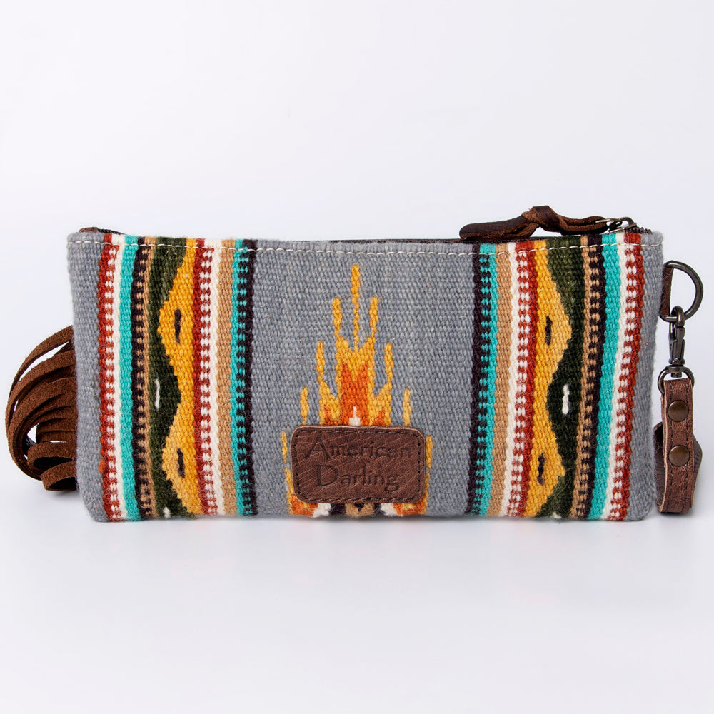 ADBG344 Southwestern Wool Wristlet Clutch with Tooled Leather Trim & Fringe Tassel