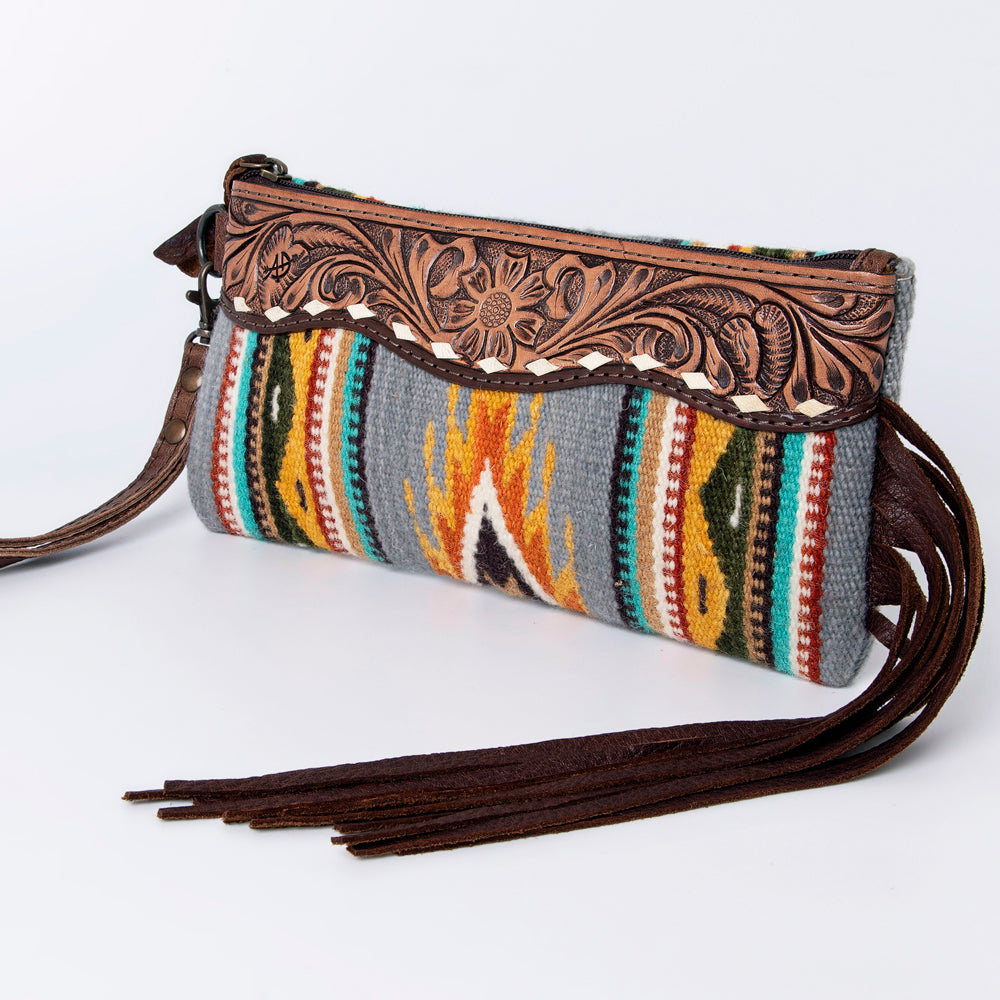 ADBG344 Southwestern Wool Wristlet Clutch with Tooled Leather Trim & Fringe Tassel