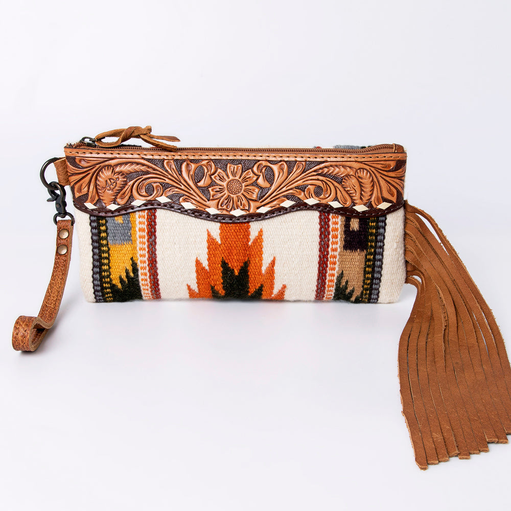 ADBG344 Southwestern Wool Wristlet Clutch with Tooled Leather Trim & Fringe Tassel