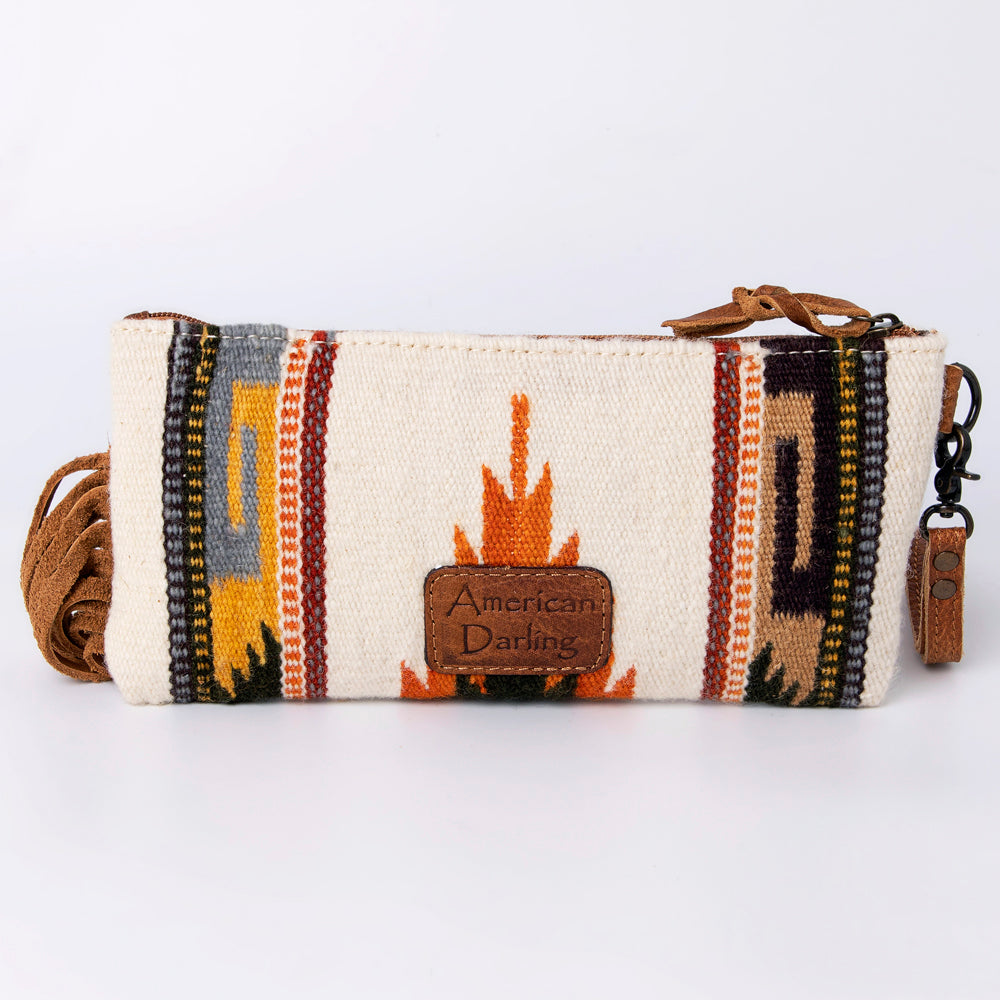 ADBG344 Southwestern Wool Wristlet Clutch with Tooled Leather Trim & Fringe Tassel