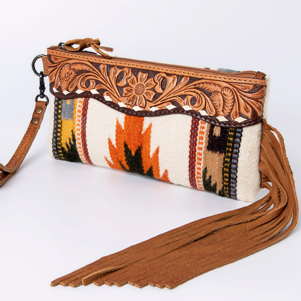 ADBG344 Southwestern Wool Wristlet Clutch with Tooled Leather Trim & Fringe Tassel