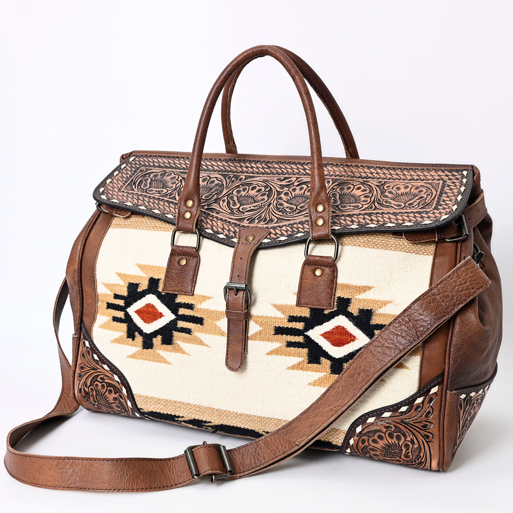 ADBG516 Tooled Leather & Saddle Blanket Duffel Bag Belle Western Travel Weekender by American Darling