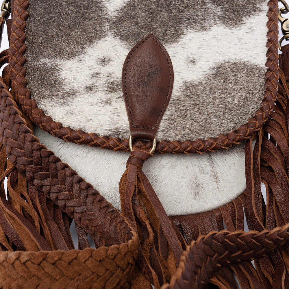 ADBGD129 Cowhide Crossbody Bag with Fringe & Braided Leather Strap - Western Style