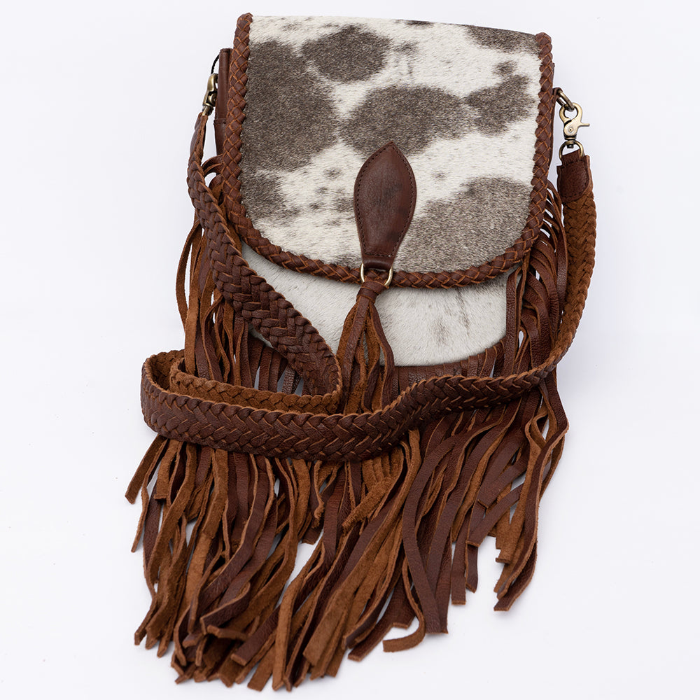 ADBGD129 Cowhide Crossbody Bag with Fringe & Braided Leather Strap - Western Style