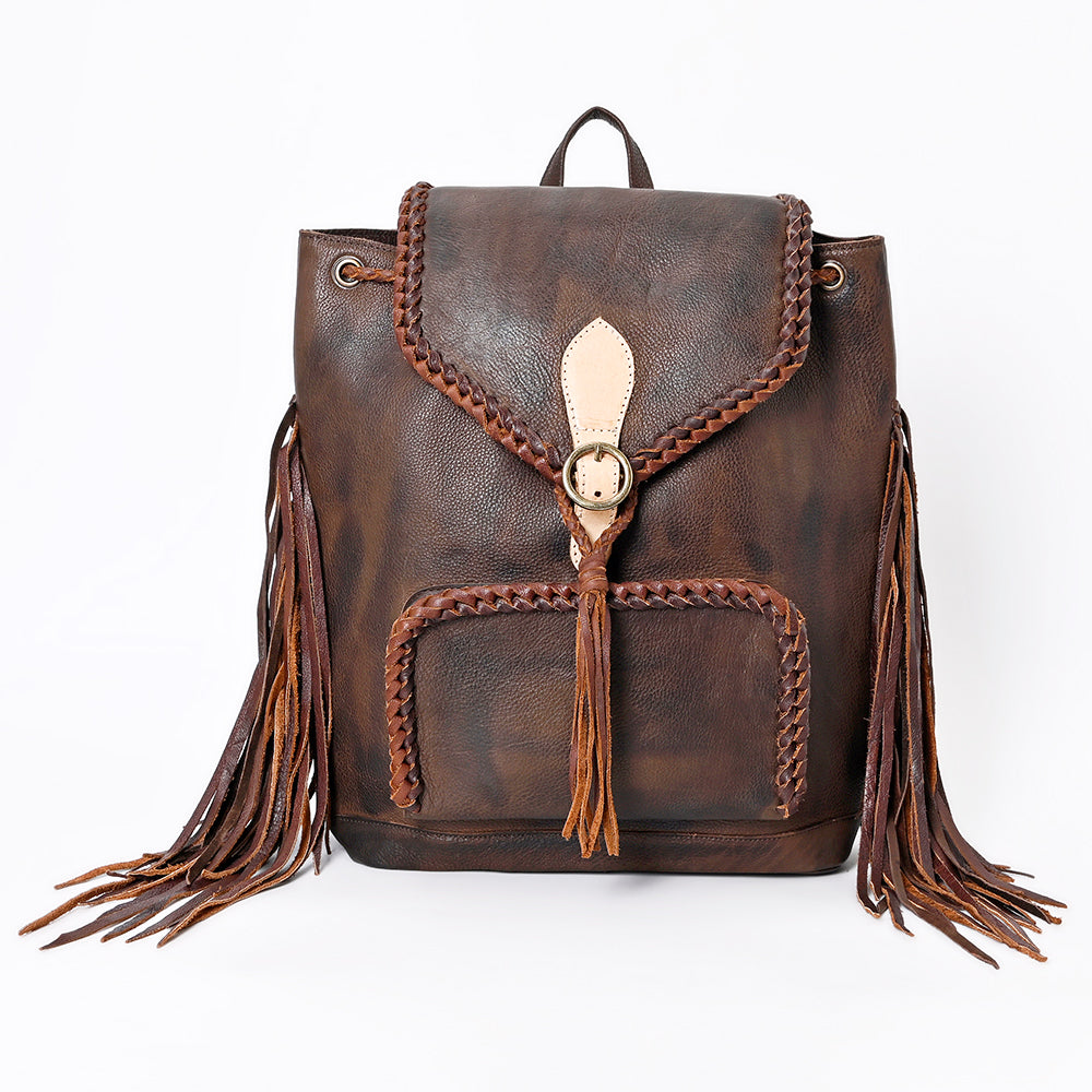 ADBGM275 Western Leather Backpack - Braided Trim, Fringe & Buckle Closure
