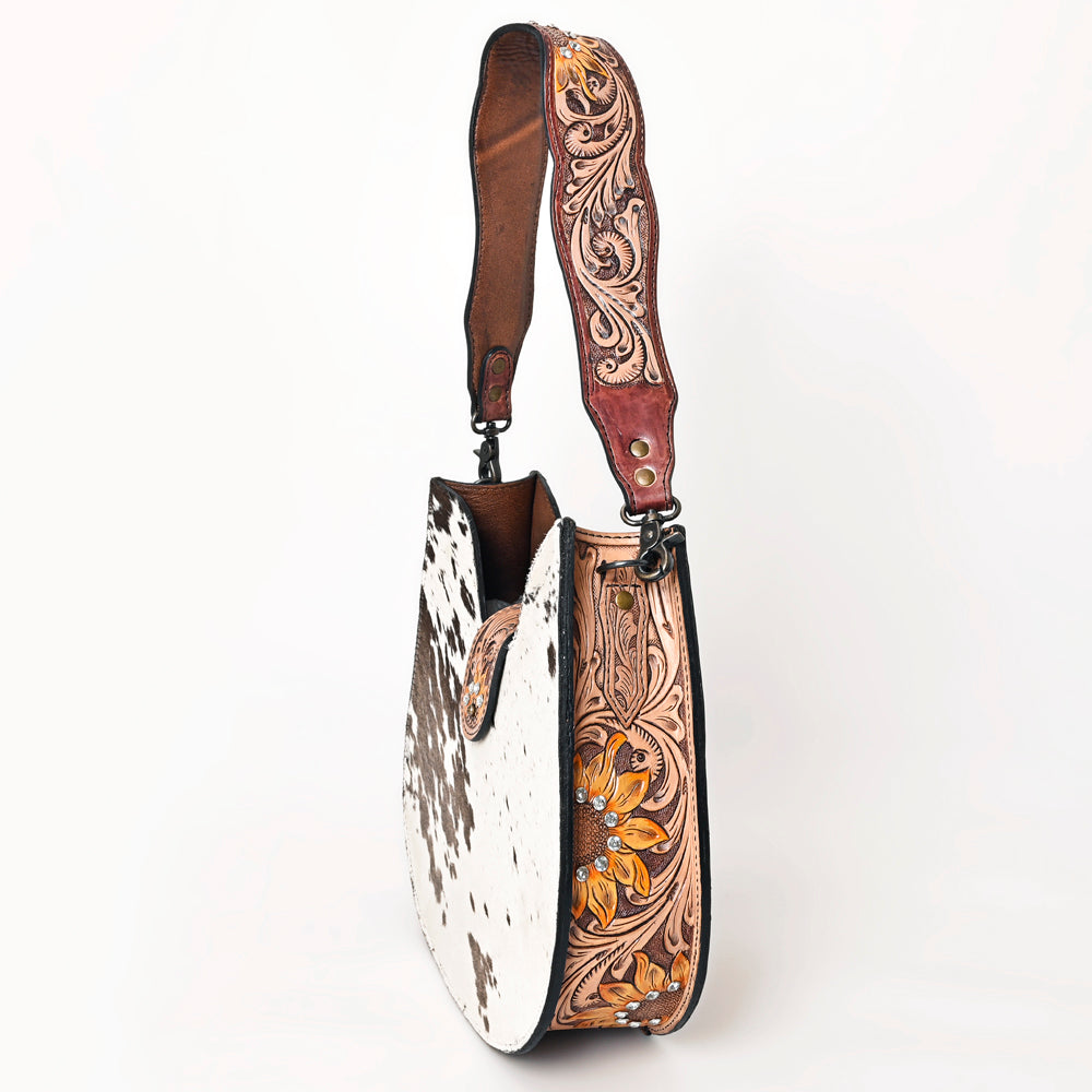 ADBG1076 American Darling Hair-on Cowhide Hobo Bag with Tooled Floral Strap Western Genuine Leather Purse