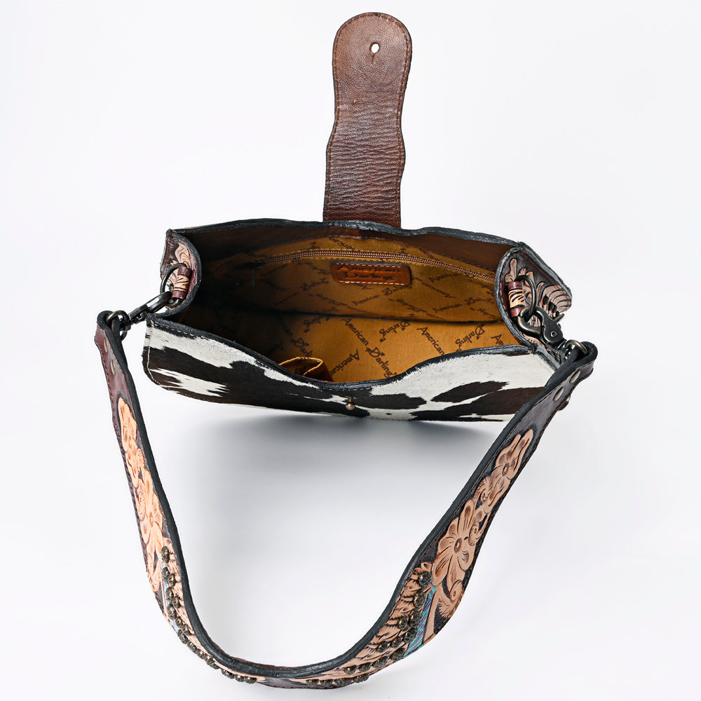 ADBG1076 American Darling Hair-on Cowhide Hobo Bag with Tooled Floral Strap Western Genuine Leather Purse