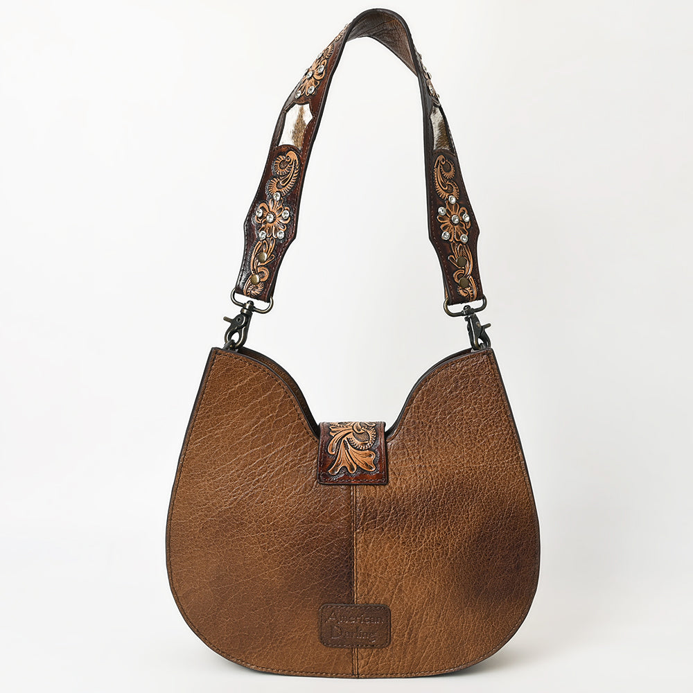 ADBG1076 American Darling Hair-on Cowhide Hobo Bag with Tooled Floral Strap - Western Genuine Leather Purse