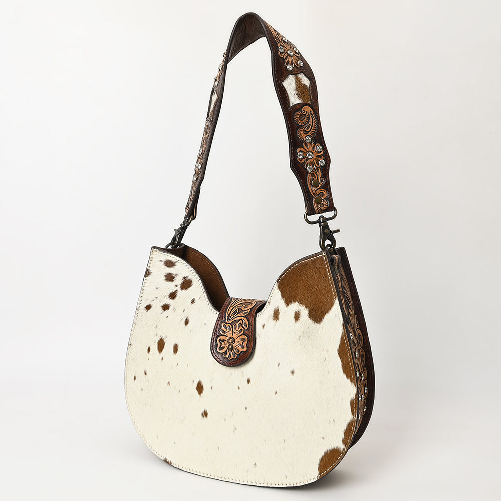 ADBG1076 American Darling Hair-on Cowhide Hobo Bag with Tooled Floral Strap - Western Genuine Leather Purse