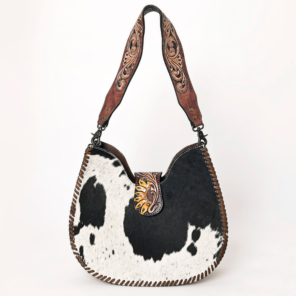 ADBG1076 American Darling Hair-on Cowhide Hobo Bag with Tooled Floral Strap - Western Genuine Leather Purse