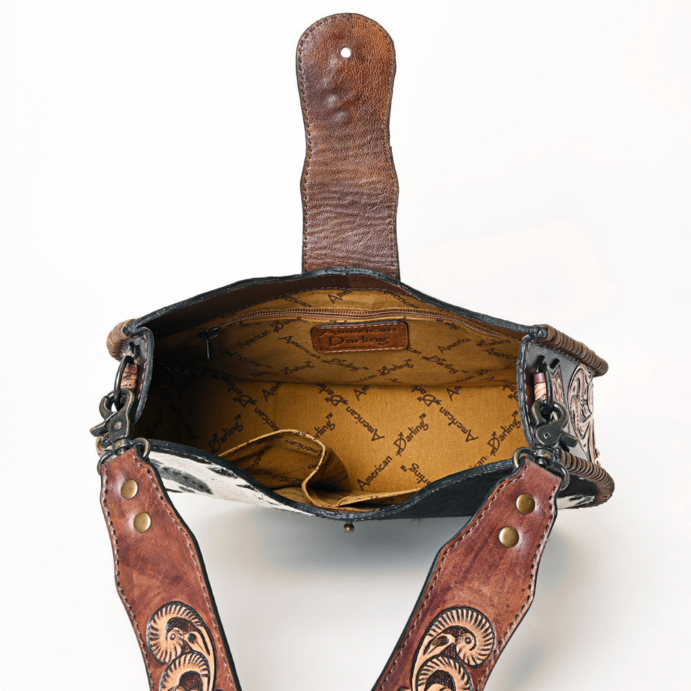 ADBG1076 American Darling Hair-on Cowhide Hobo Bag with Tooled Floral Strap - Western Genuine Leather Purse