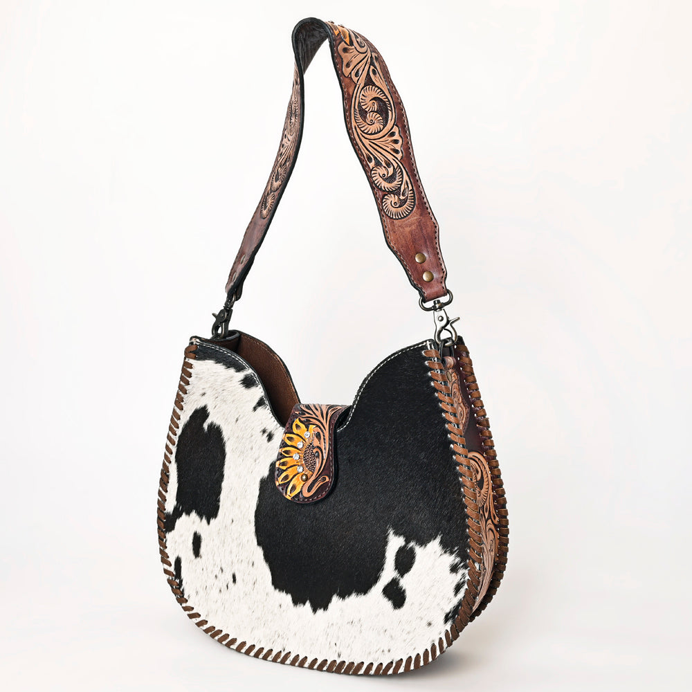 ADBG1076 American Darling Hair-on Cowhide Hobo Bag with Tooled Floral Strap - Western Genuine Leather Purse