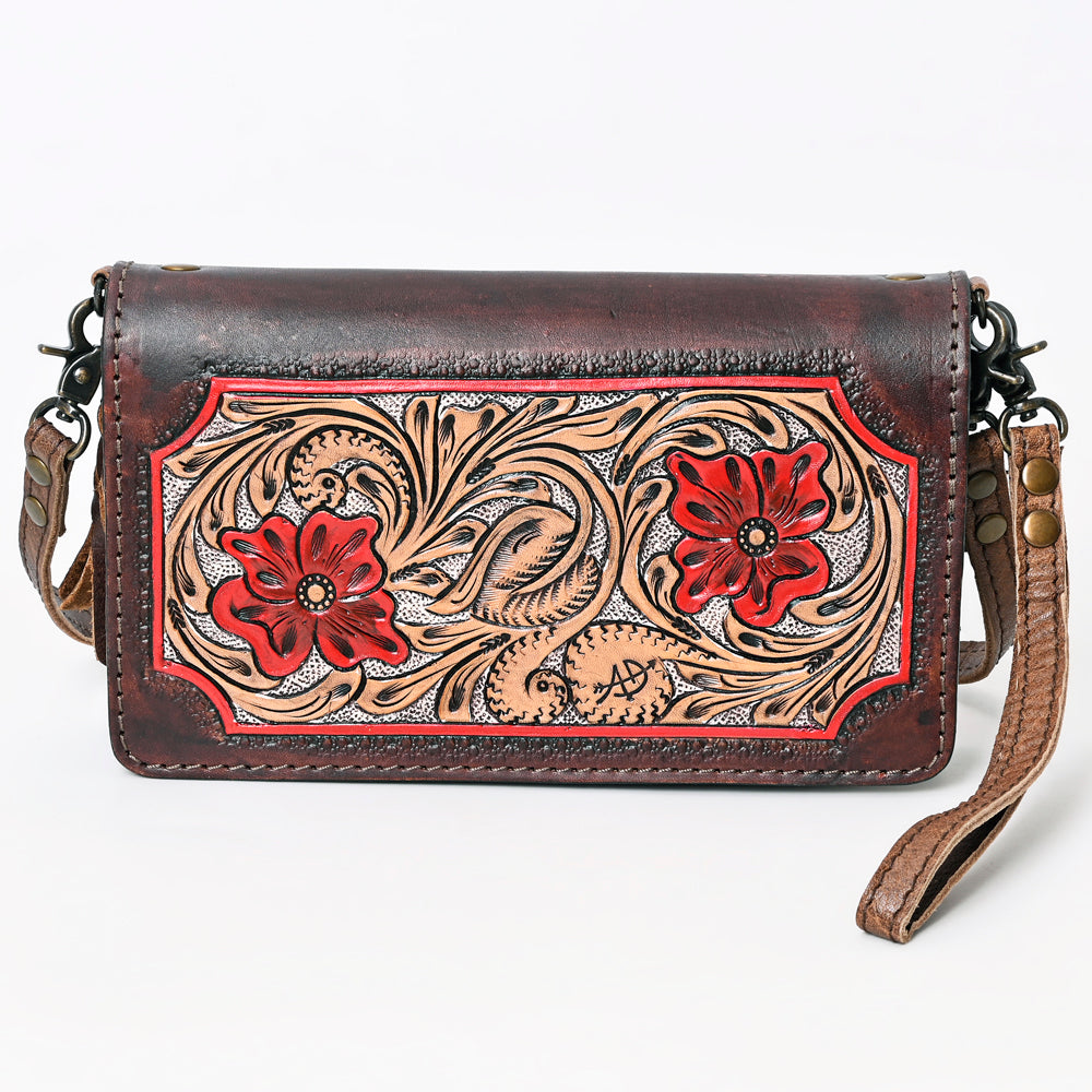 ADBG1080 American Darling Hand-Tooled Leather Organizer Crossbody Bag with Floral Inlay