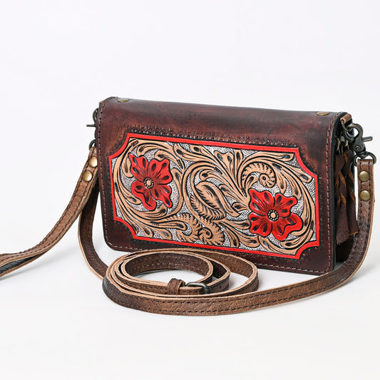 ADBG1080 American Darling Hand-Tooled Leather Organizer Crossbody Bag with Floral Inlay