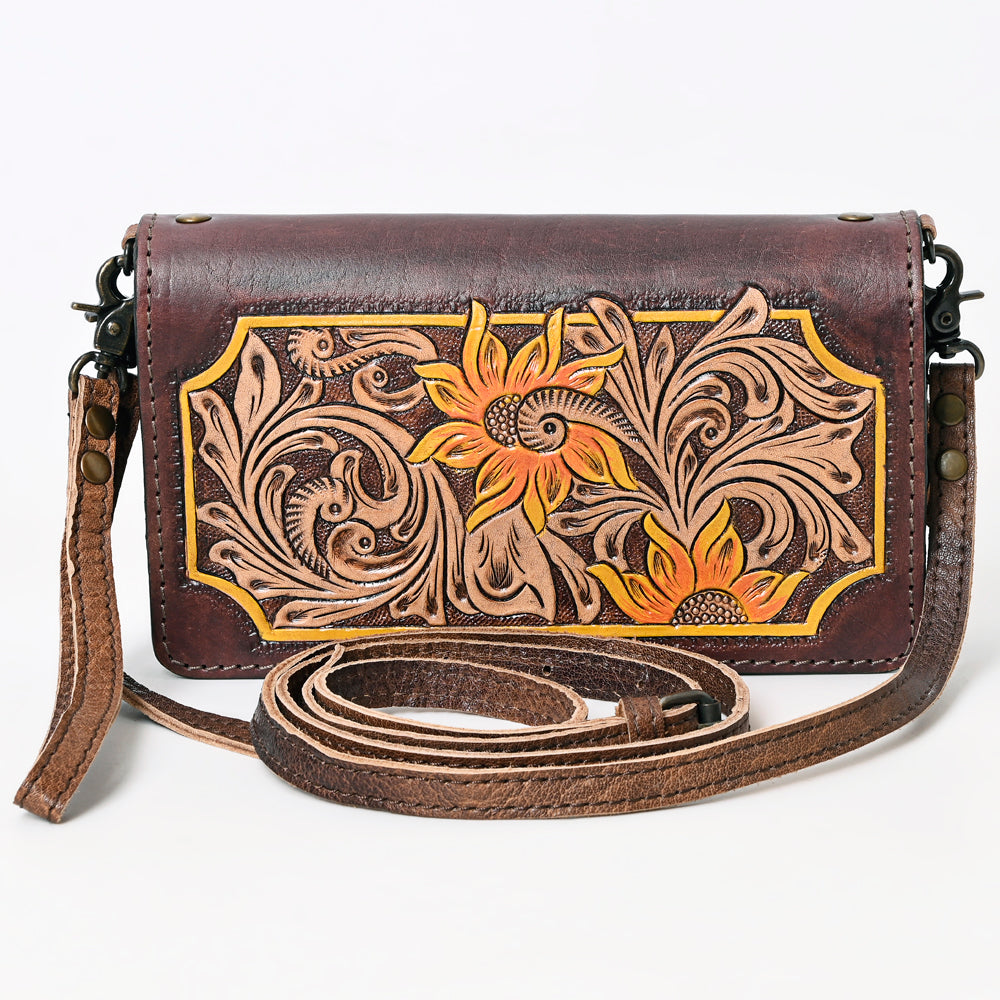ADBG1082 American Darling Hand-Tooled Leather Organizer Crossbody Bag with Floral Inlay