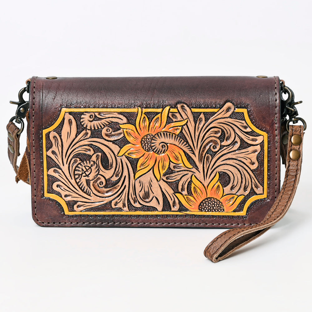ADBG1082 American Darling Hand-Tooled Leather Organizer Crossbody Bag with Floral Inlay