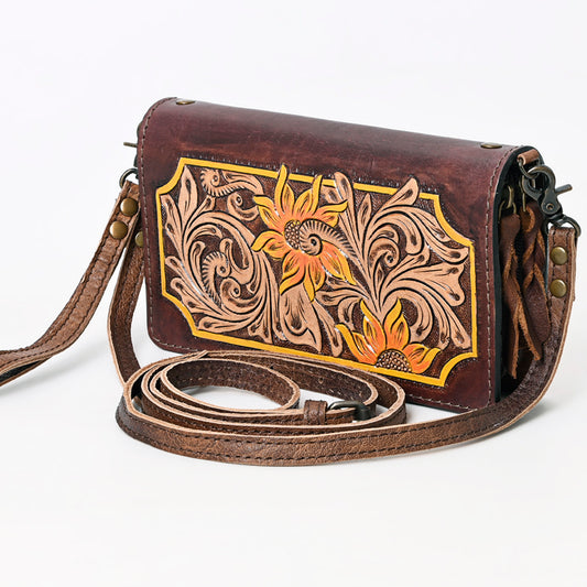 ADBG1082 American Darling Hand-Tooled Leather Organizer Crossbody Bag with Floral Inlay