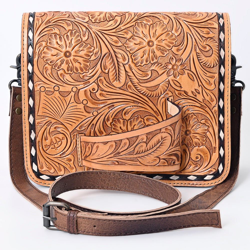 ADBG1083 American Darling Hand-Tooled Leather Small Crossbody Bag with Floral Carving