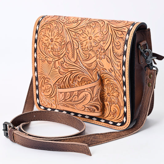ADBG1083 American Darling Hand-Tooled Leather Small Crossbody Bag with Floral Carving