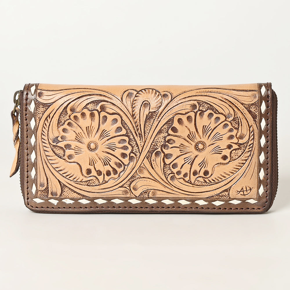 ADBGZ731 Hand Tooled Genuine Leather Floral Zip Organiser - Western Cowgirl Style