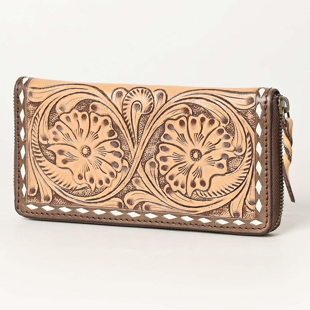 ADBGZ731 Hand Tooled Genuine Leather Floral Zip Organiser - Western Cowgirl Style