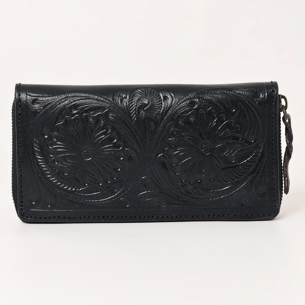 ADBGZ731D Black Hand Tooled Leather Floral Zip Organiser - Western Cowgirl Style