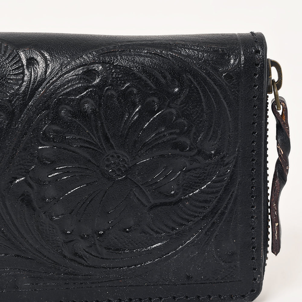 ADBGZ731D Black Hand Tooled Leather Floral Zip Organiser - Western Cowgirl Style