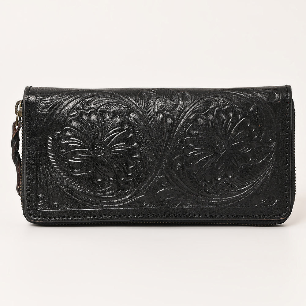 ADBGZ731D Black Hand Tooled Leather Floral Zip Organiser - Western Cowgirl Style