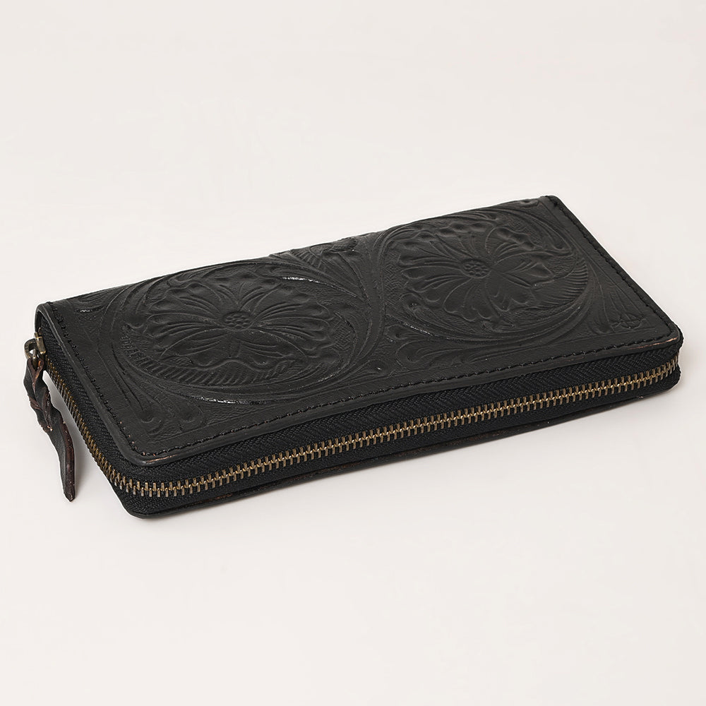 ADBGZ731D Black Hand Tooled Leather Floral Zip Organiser - Western Cowgirl Style
