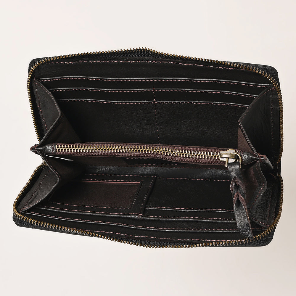 ADBGZ731D Black Hand Tooled Leather Floral Zip Organiser - Western Cowgirl Style