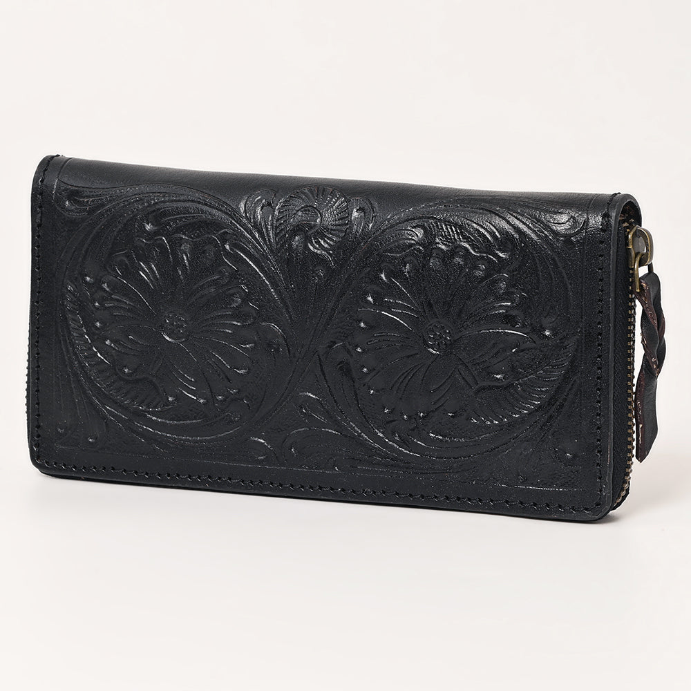 ADBGZ731D Black Hand Tooled Leather Floral Zip Organiser - Western Cowgirl Style