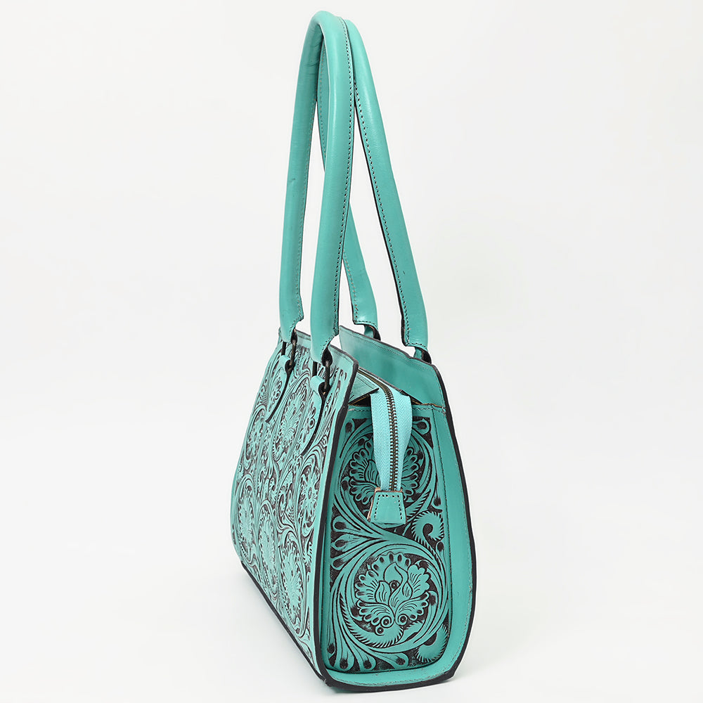 ADBGZ732 Turquoise Hand Tooled Leather Tote Bag - Western Floral Cowgirl Purse