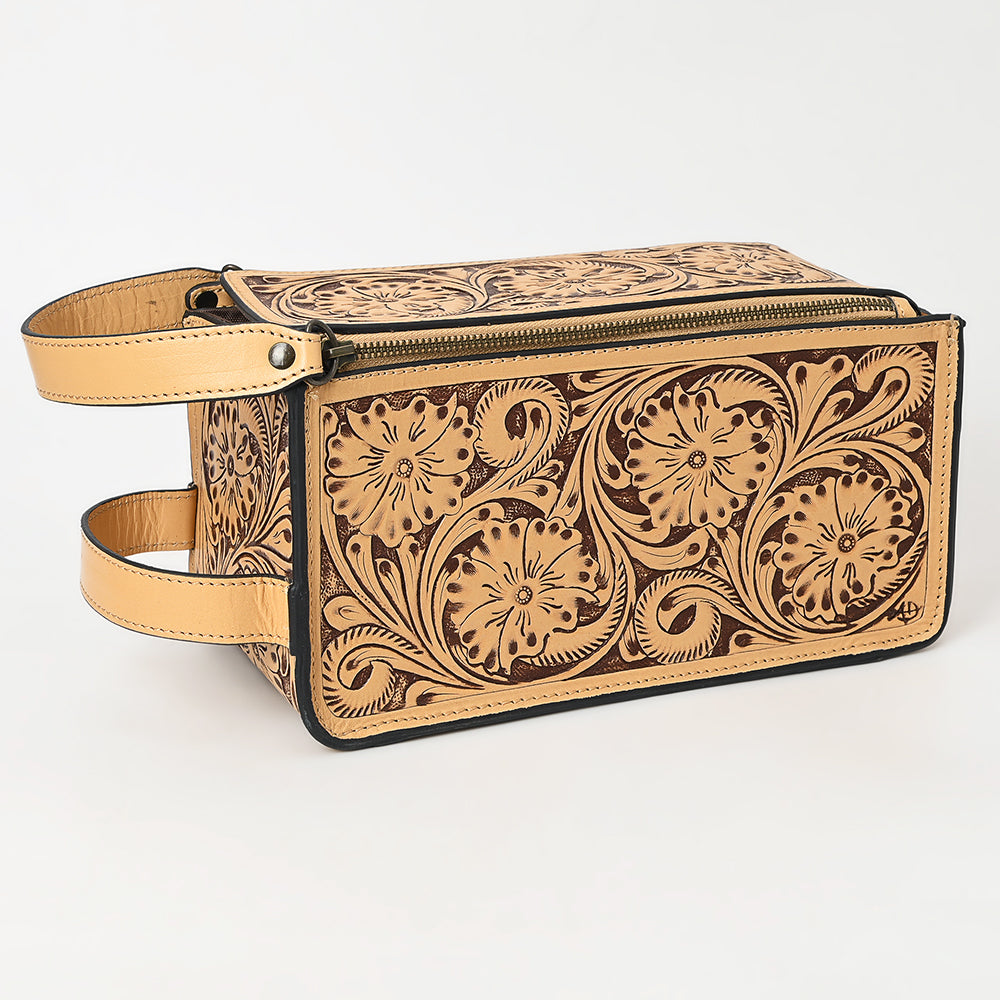 ADBGZ733 Natural Hand Tooled Leather Toiletry Bag - Western Floral Toiletry or Travel Case