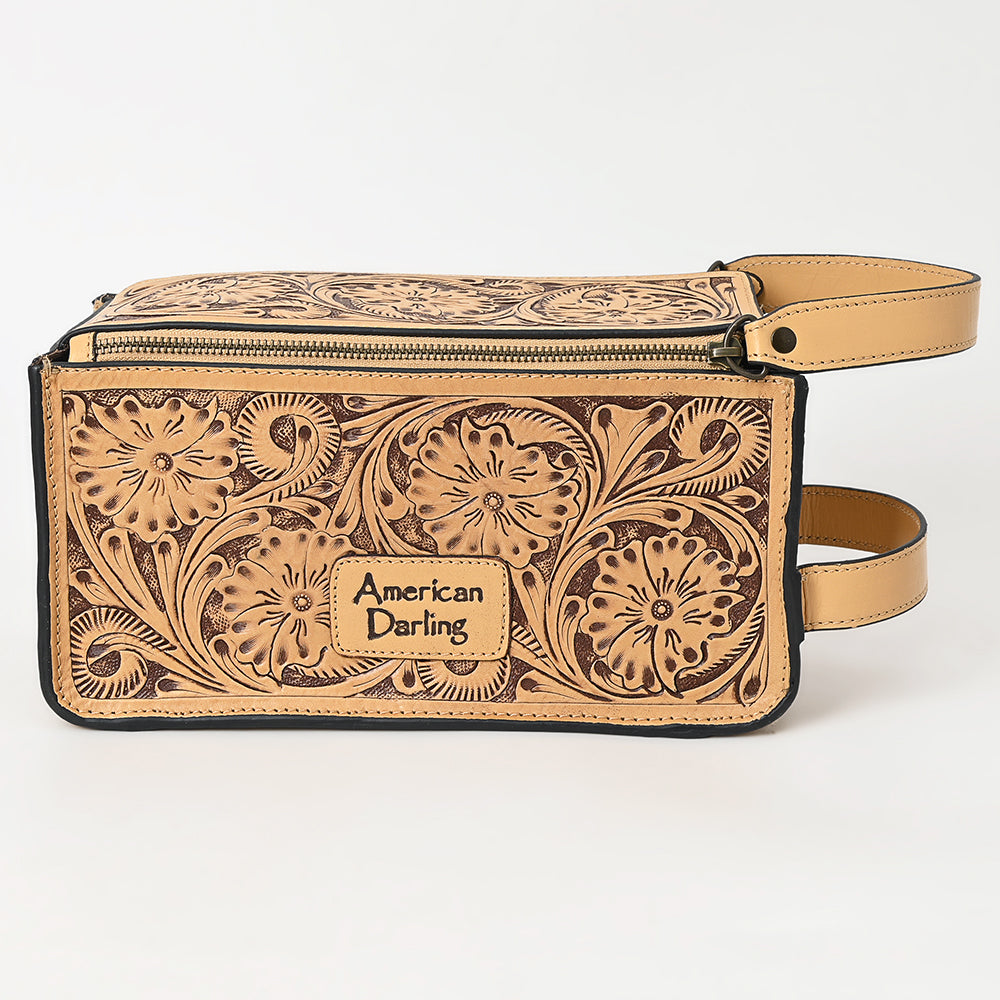 ADBGZ733 Natural Hand Tooled Leather Toiletry Bag - Western Floral Toiletry or Travel Case