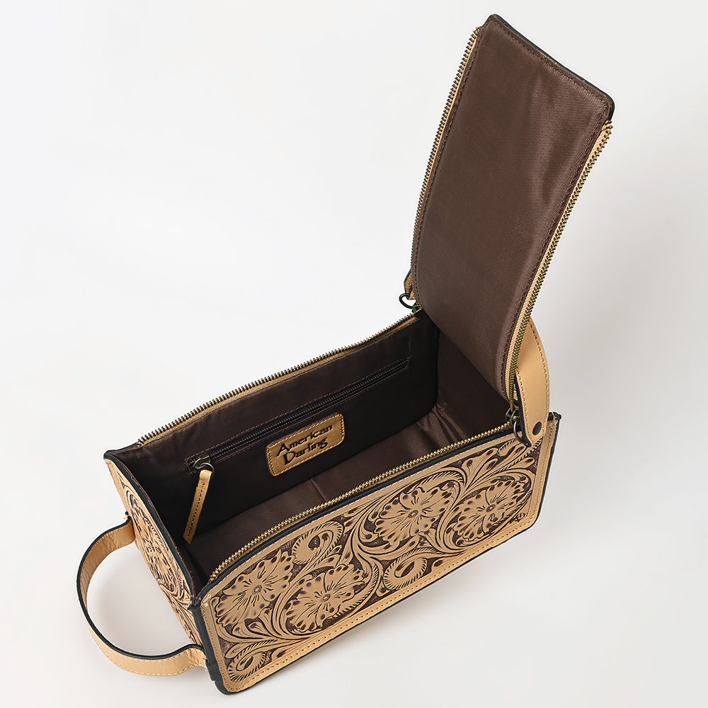 ADBGZ733 Natural Hand Tooled Leather Toiletry Bag - Western Floral Toiletry or Travel Case