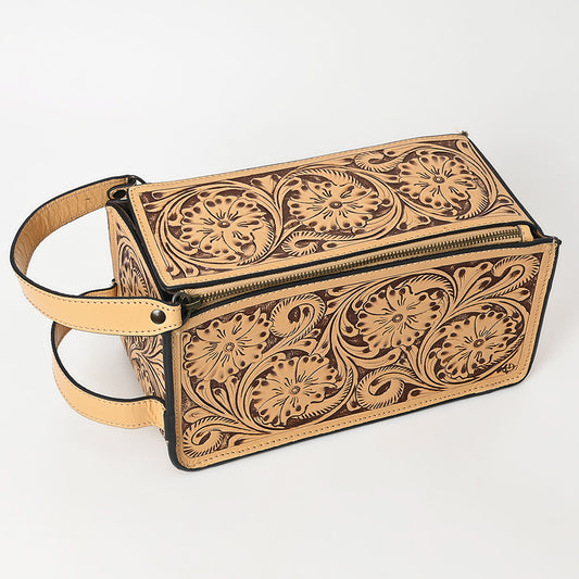 ADBGZ733 Natural Hand Tooled Leather Toiletry Bag - Western Floral Toiletry or Travel Case