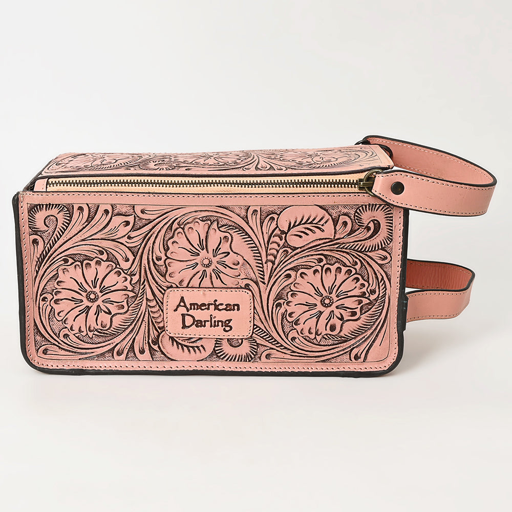 ADBGZ733 Natural Hand Tooled Leather Toiletry Bag - Western Floral Toiletry or Travel Case