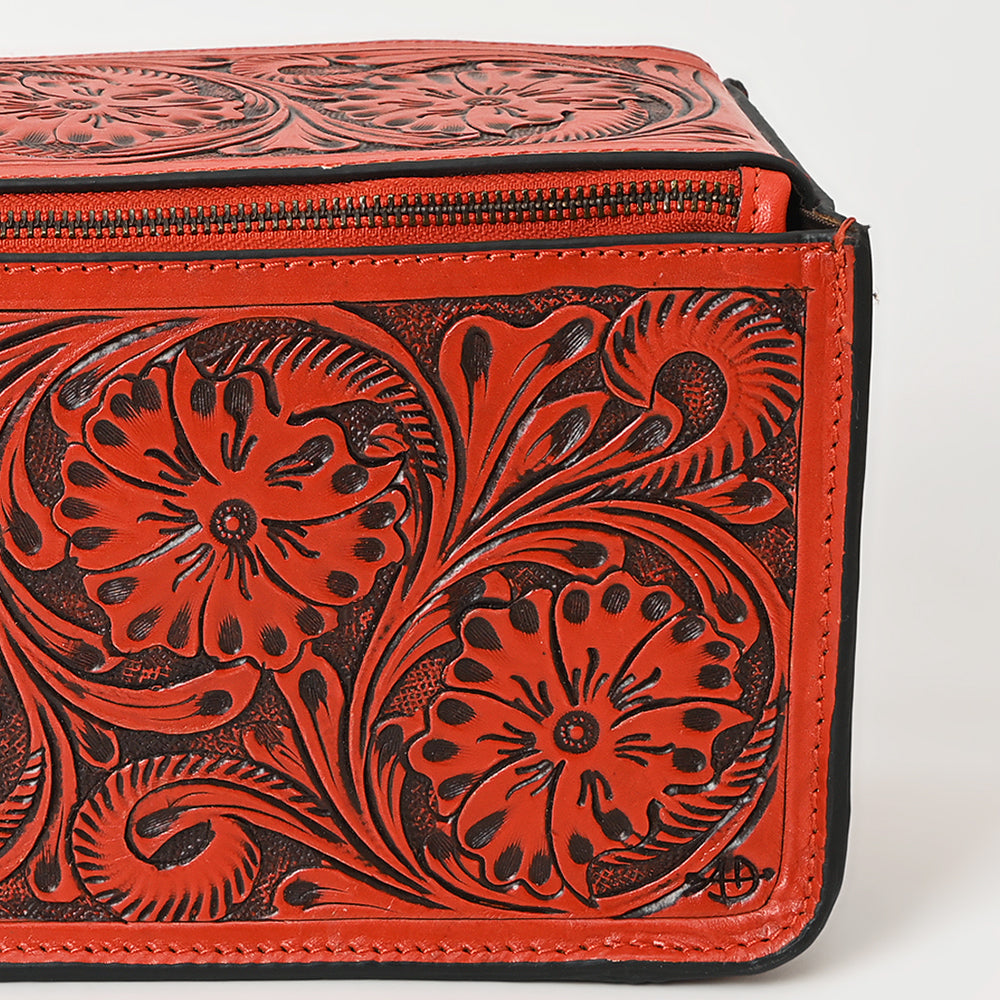 LC-ADBGZ733D Red Hand Tooled Leather Toiletry Bag - Western Floral Toiletry or Travel Case