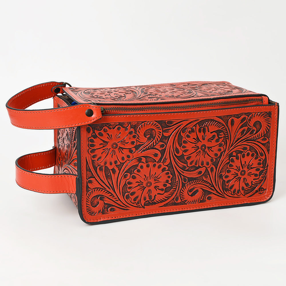 LC-ADBGZ733D Red Hand Tooled Leather Toiletry Bag - Western Floral Toiletry or Travel Case