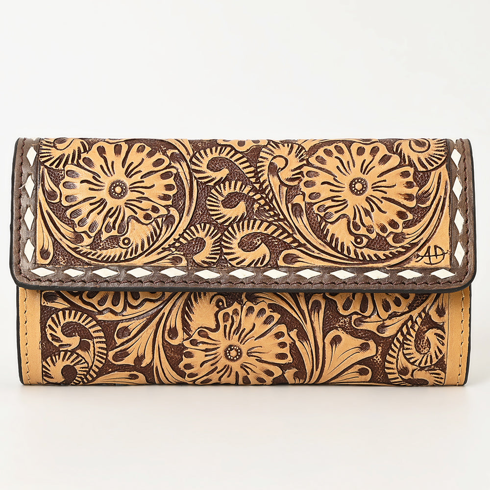 ADBGZ736 Hand Tooled Leather Tri-Fold Wallet - Natural Western Floral Cowgirl Style