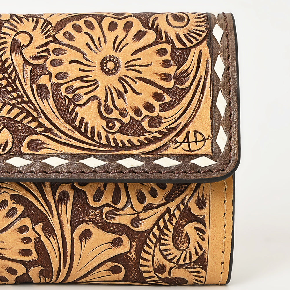 ADBGZ736 Hand Tooled Leather Tri-Fold Wallet - Natural Western Floral Cowgirl Style