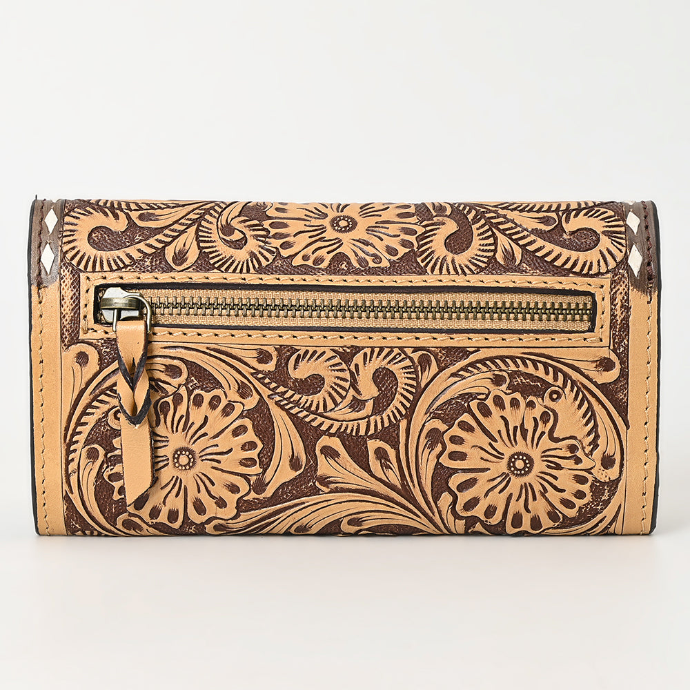 ADBGZ736 Hand Tooled Leather Tri-Fold Wallet - Natural Western Floral Cowgirl Style